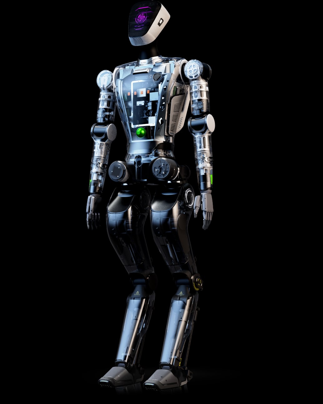 AgiBot Raise A1 ยืนเต็มตัว ภาพเรนเดอร์ทางการแบบมองทะลุโครงสร้างภายใน เห็นข้อเข่างอกลับด้าน — จากหน้าสินค้า RAISE A1
