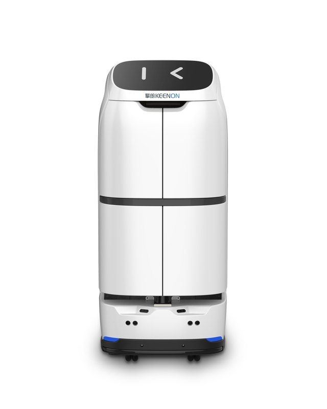 ภาพผลิตภัณฑ์ทางการของ KEENON BUTLERBOT W3 สีขาว มุมตรงบนพื้นหลังขาว — ตัวตู้ทึบแบ่งเป็นบานประตู 4 บาน (2 แถว 2 คอลัมน์) มีโลโก้ KEENON และแผงหน้าจอสีดำอยู่ด้านบน ฐานล้อด้านล่างมีแถบไฟสีน้ำเงิน